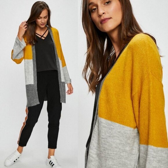 JDY Colorblock Knit Cardigan Yellow Grey Size Large Oversized Sweater Bohemian L - Picture 2 of 13